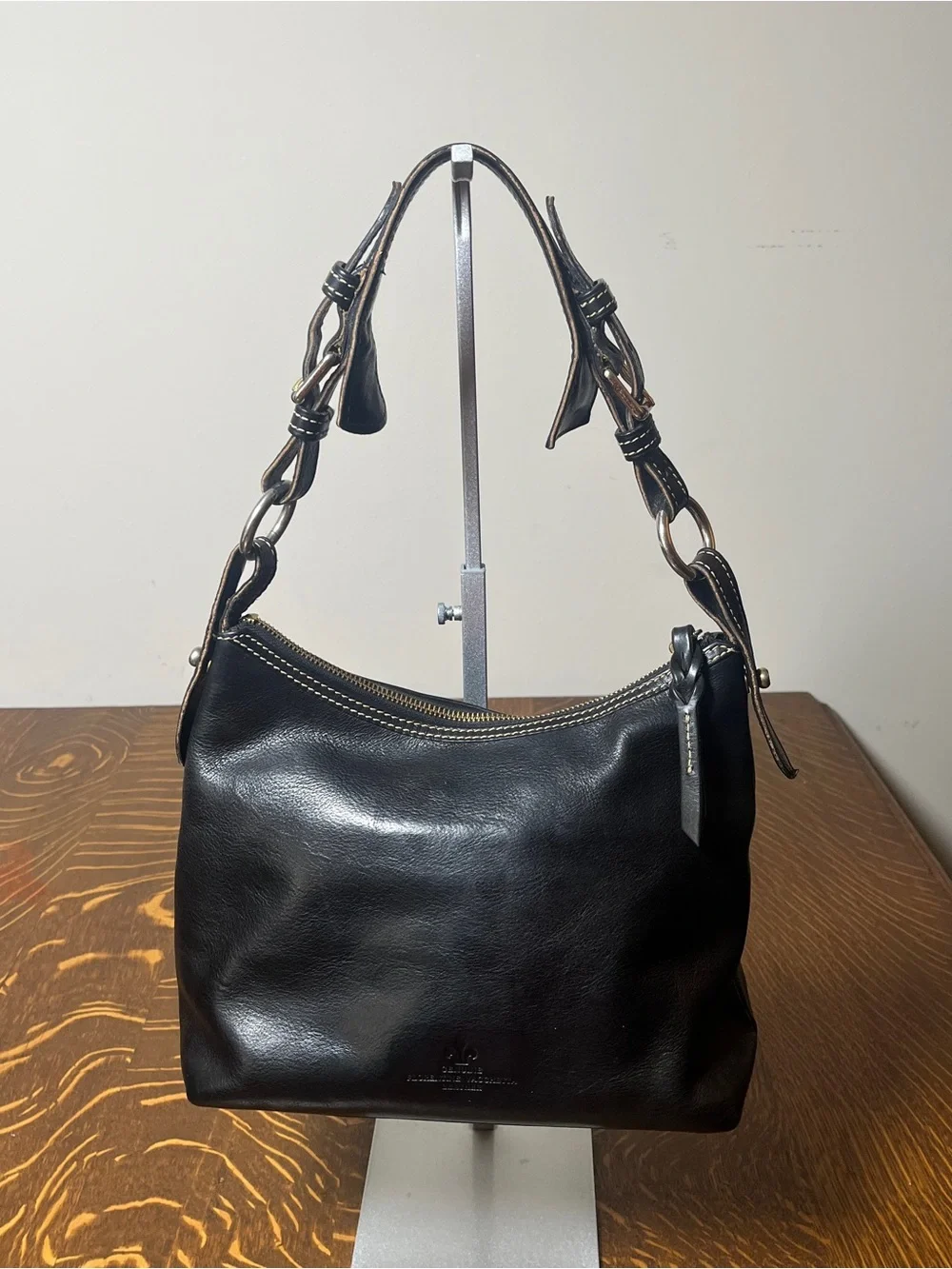 Dooney & Bourke Black Leather Hobo Shoulder Bag with Contrast Stitching